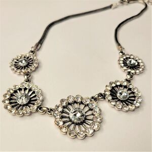 Silver FloralCrystal Choker,  Bib Necklace with Crystals
